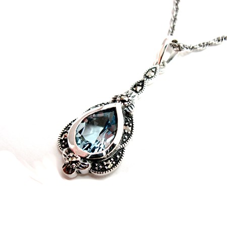 Blue Topaz Marcasite Antique Teardrop Pendant
